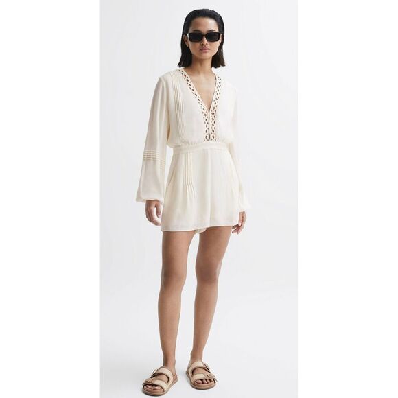 REISS RACHELLE LONG SLEEVE LATTICE PLAYSUIT SIZE  14 CREAM LINED - Picture 1 of 16